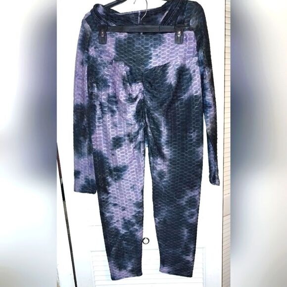 Women's Honeycomb Bubble Texture Tie Dye Butt Lift Activewear Sweatsuit Hooded L - Picture 7 of 9